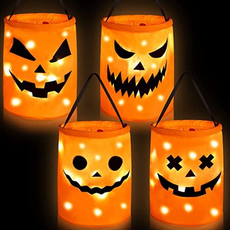 Amazon.com: 4 Pieces LED Light Halloween Candy Bags Light up Halloween Party Bags Pumpkin Large Halloween Treat Bags Multipurpose Portable Collapsible Reusable Halloween Bags for Trick or Treating (Scary Style) : Toys & Games