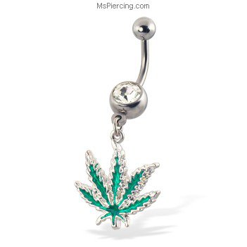 Jeweled belly button ring with dangling cannabis leaf