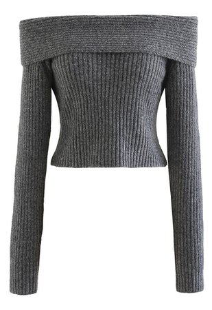 Courtly Off-Shoulder Fuzzy Crop Knit Top in Grey - Retro, Indie and Unique Fashion