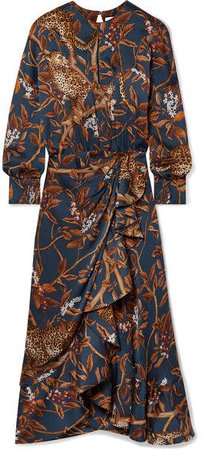 Running With The Jaguars Printed Crepon Wrap-effect Midi Dress - Brown
