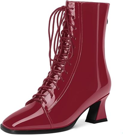 Amazon.com | MERRORI Women's 2 Inch Low Heel Square Toe Travel Spool Patent Zip Outdoor Ankle High Boots Burgundy Size 9 - Zapatos de Tacon de Mujer | Boots