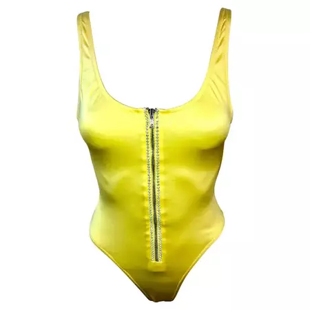 Gianni Versace S/S 1996 Vintage Crystal Zipper Yellow Bodysuit Swimwear Swimsuit For Sale at 1stDibs | yellow versace swimsuit, swim full bodysuit, cindy crawford yellow bathing suit