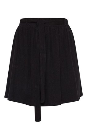 Black Brushed Rib Tie Waist Skater Skirt | PrettyLittleThing
