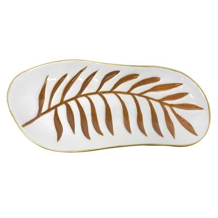 7X3 White Palm Leaf Trinket Tray Ceramic | At Home
