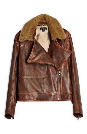 Topshop Shearling Collar Leather Jacket