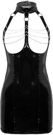 *clipped by @luci-her* Sexy Women's PVC Wetlook Halter Tassel Open Cup Backless Bodycon Mini Club Dress: Clothing