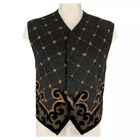 1800s Vintage BYBLOS Size 42 Black Gold Embroidery Wool Buttoned Vest For Sale at 1stDibs