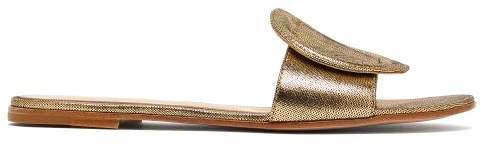 Rounded Buckle Metallic Leather Slides - Womens - Gold