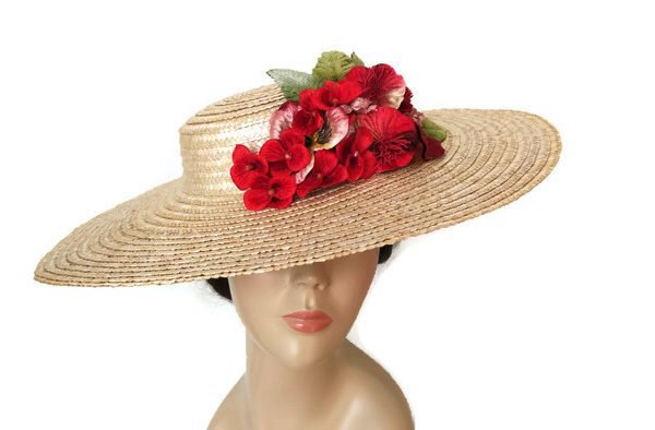 Straw sun hat with red flowers | Tocados TocChic