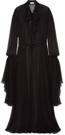 Pussy-bow Pleated Silk-chiffon Gown - Black