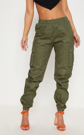Petite Khaki Pocket Detail Cargo Trousers | PrettyLittleThing
