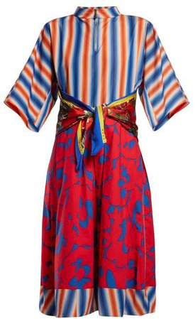 Stripe And Floral Print Cotton Poplin Midi Dress - Womens - Red Multi