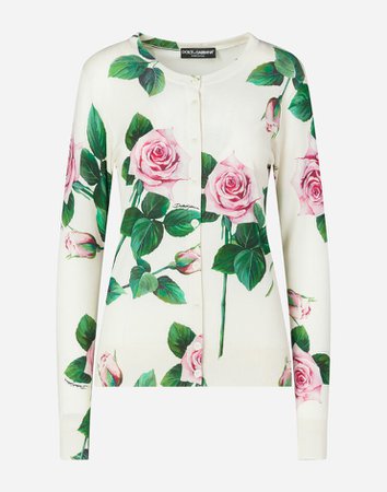 Women's Knitwear | Dolce&Gabbana - TROPICAL ROSE PRINT CARDIGAN