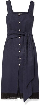 Jane Fringed Organic Cotton And Wool-blend Jacquard Midi Dress - Navy