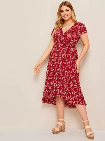 Plus Ditsy Floral Ruffle Trim Wrap Knotted Dress | SHEIN USA