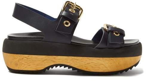 Double Strap Buckled Leather Flatforms - Womens - Navy