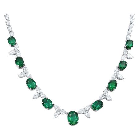 White Gold Oval Green Emerald and Pear Shaped Diamonds Necklace