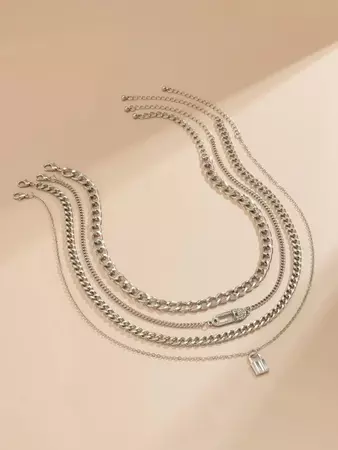 4pcs Rhinestone Safety Pin & Lock Decor Necklace | SHEIN USA
