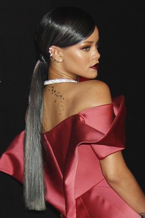 Rihanna Straight Black Flat-Ironed, Low Ponytail, Ponytail Hairstyle | Steal Her Style