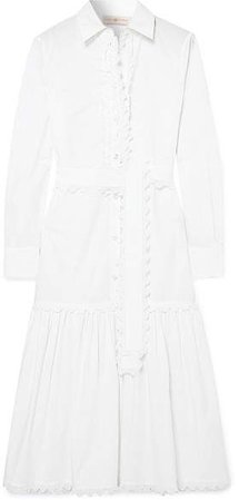 Belted Scalloped Cotton-poplin Midi Dress - White