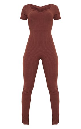 Chocolate Rib V Detail Short Sleeve Jumpsuit | PrettyLittleThing USA