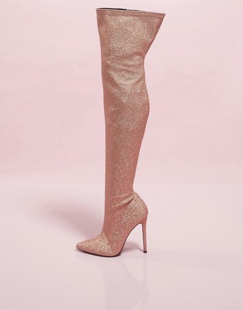 ASOS DESIGN Luxe Kendra stiletto thigh high boots in rose gold | ASOS