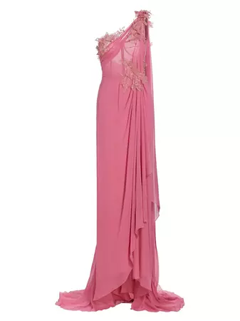 Shop Marchesa One-Shoulder Floral Appliqué Gown | Saks Fifth Avenue
