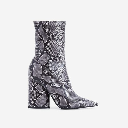 Ameera Block Heel Pointed Ankle Boot In Grey Snake Print Faux Leather | EGO