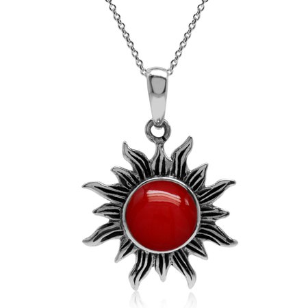 925 Sterling Silver Cabochon Gemstone Sun Pendant w/18 inch Chain Necklace