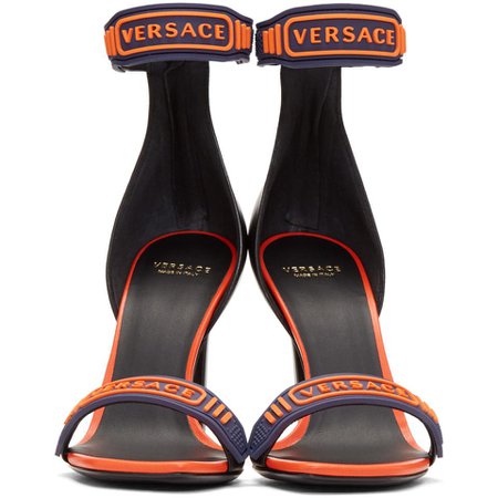 Versace Leather Navy & Orange Logo Strap Sandals in Blue - Lyst
