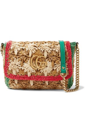 Gucci | GG Marmont leather-trimmed raffia shoulder bag | NET-A-PORTER.COM