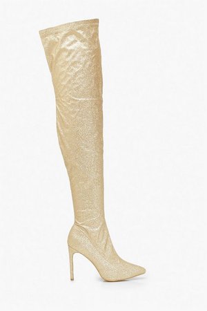 Glitter Stiletto Heel Over The Knee Boots | Boohoo silver