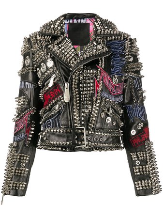 Philipp Plein leather spiked biker jacket black S20CWLB0682PLE010N - Farfetch