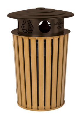 District Round Waste Receptacle with Recycling Hood, Faux Wood Slat | Tropitone