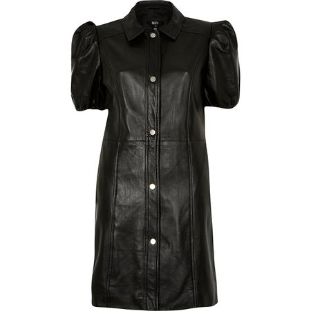 Black puff sleeve leather shirt dress | River Island