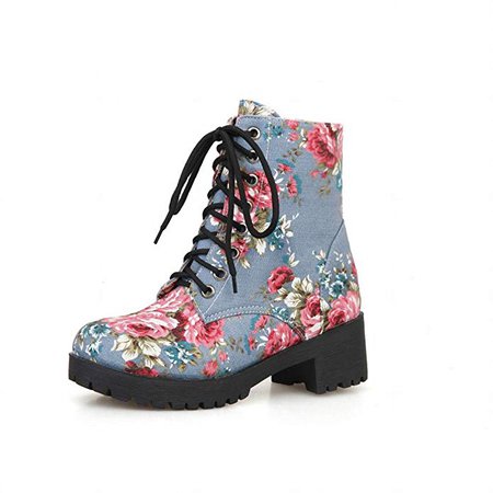 Amazon.com | Carolbar Women's Fashion Comfort Floral Print Demin Fabric Lace up Mid Heel Martin Boots (4.5, Light Blue) | Boots