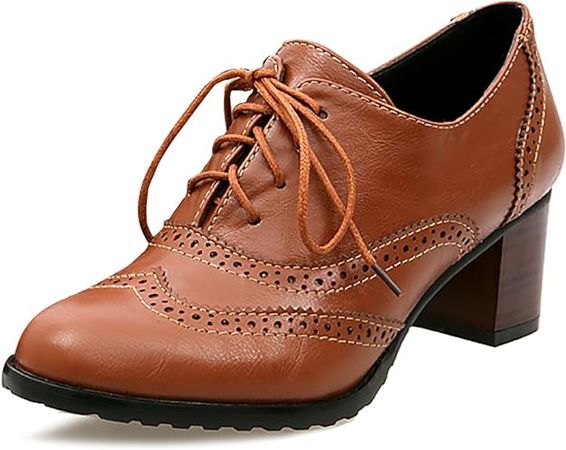 Amazon.com | Odema Womens PU Leather Oxfords Wingtip Lace up Mid Heel Pumps Shoes | Oxfords