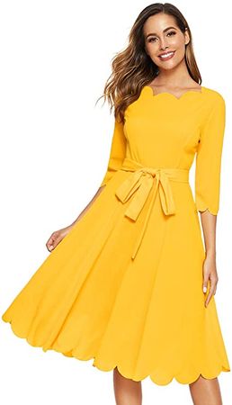 Milumia Women's 3/4 Sleeve Belted Knee Length Fit & Flare Scallop Party Dress