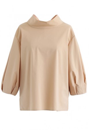 Bow-Neck Puff Sleeves Smock Top in Tan - NEW ARRIVALS - Retro, Indie and Unique Fashion