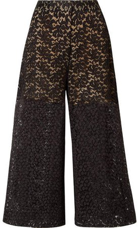 Cropped Corded Cotton-blend Lace Wide-leg Pants - Black