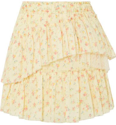 Genevieve Tulle-trimmed Floral-print Cotton Mini Skirt - Pastel yellow