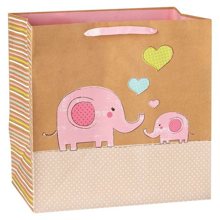 Gift Bag Baby Girl Elephants on Kraft - Spritz