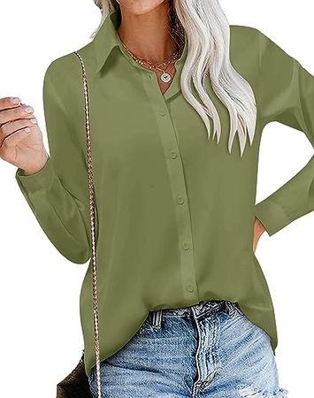 Yuccalley Women's Button Down V Neck Blouse Long Sleeve Lightweight Shirts Casual Tunic Tops at Amazon Women’s Clothing store