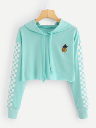 Pineapple Embroidered Gingham Crop Hoodie -ROMWE