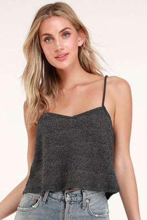 Cute Crop Top - Loose Knit Top - Charcoal Grey Top - Tank Top
