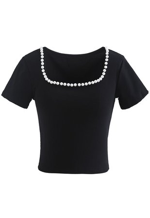 Pearls Decorated Fitted Crop Top in Black - Retro, Indie and Unique Fashion