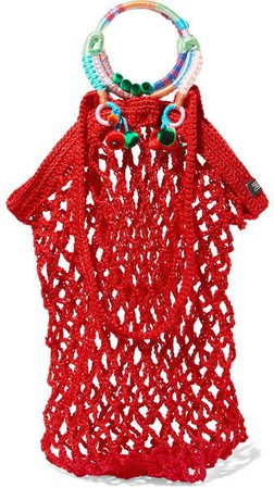 Nannacay - Fishnet Pompom-embellished Macramé Tote - Red