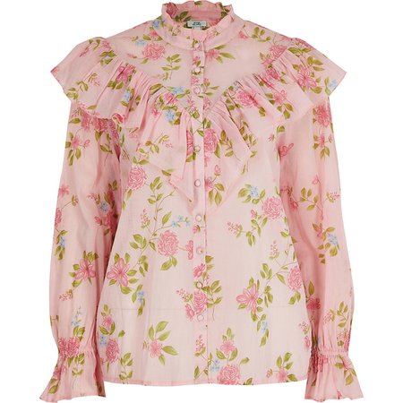 Pink floral ruffle blouse | River Island
