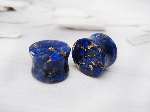 Ear plugs made of Resin and Lapis Lazuli and Golden Flakes | Etsy