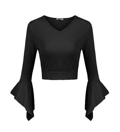 Women's Bell Sleeve Bow Tie Back V Neck Crop Top Slim Fit Midriff Blouse - Black - CK188YU3TGE